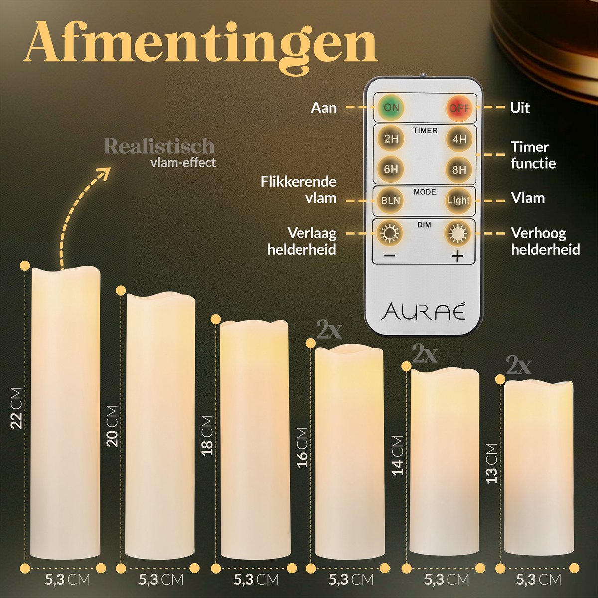 Aurae Led Kaarsen met Afstandsbediening - 9x - Echte Wax - Flikkerende Vlam - 250+ Branduren - op Batterijen - Timer - Kerst Kaarsen — cadeau in Wonen & Interieur - foto 4