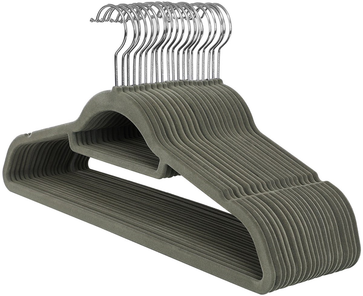 Fluwelen kleerhangers – set van 20 stuks, 0,6 cm dik, met antislip oppervlak en 360° draaibare haak – grijs