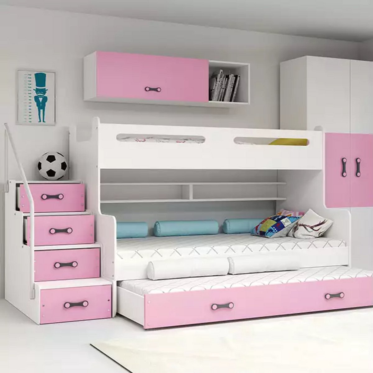 BMS MAX 3 - Bed voor 3 Persoons - 120x200 - Jeugd - Roze