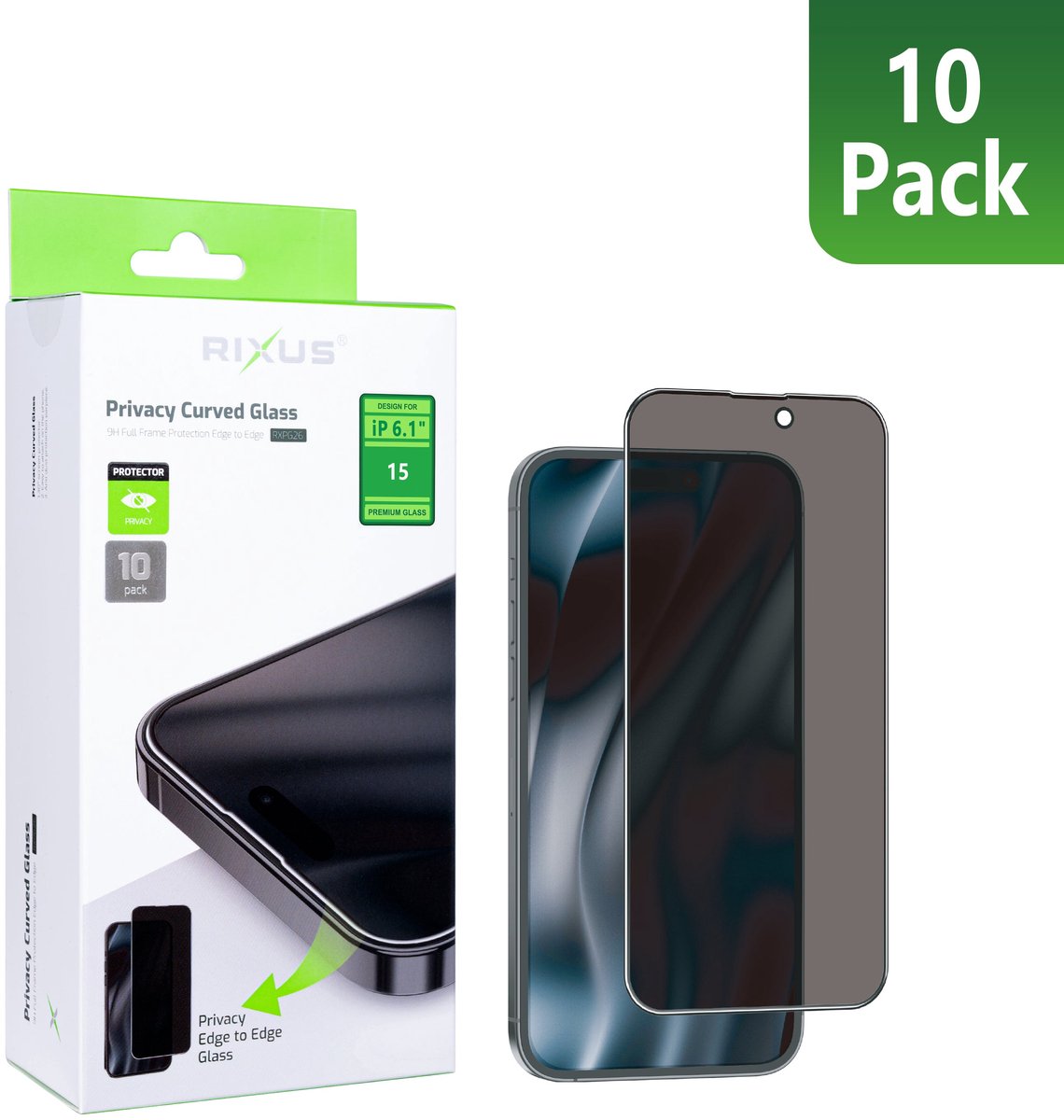 Rixus Privacy Full Curved Edge Tempered Glass For Apple iPhone 15 (10-Pack)