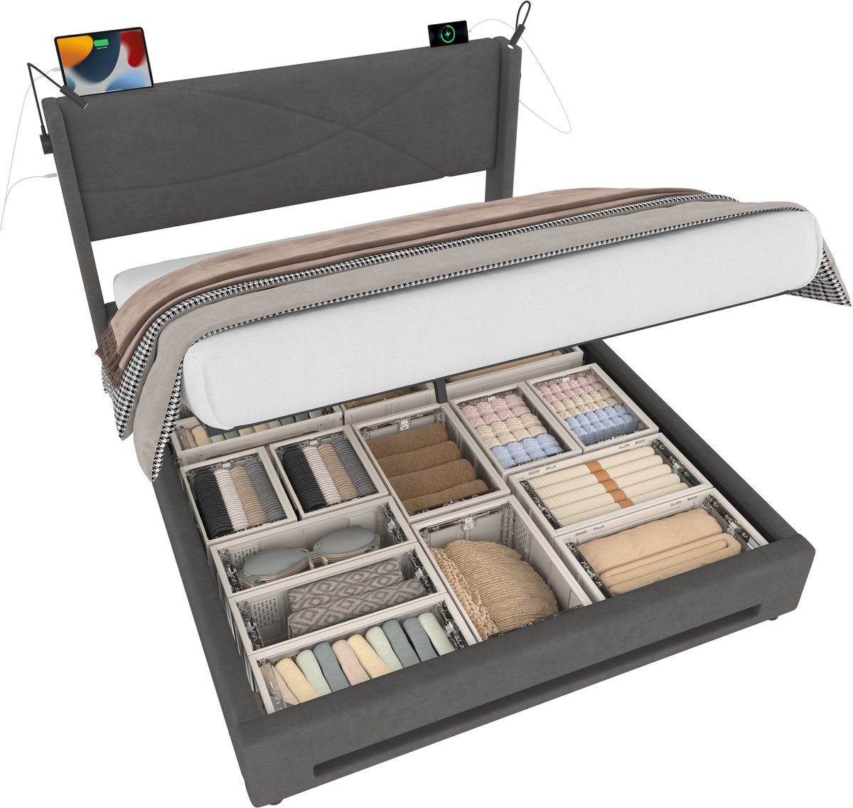 Merax Bedframe 160x200 cm - Gestoffeerd Bed met Hydraulische Opbergruimte - LED Verlichtin