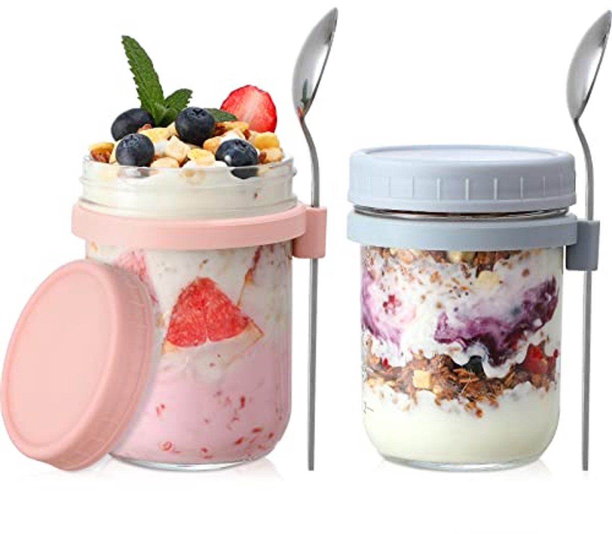 Image of 2-Pack Oats Containers with Lids and Spoons - 16 oz Glass Storage Jars for Milk, Cereals, Fruit - Airtight and Perfect for Meal Prep