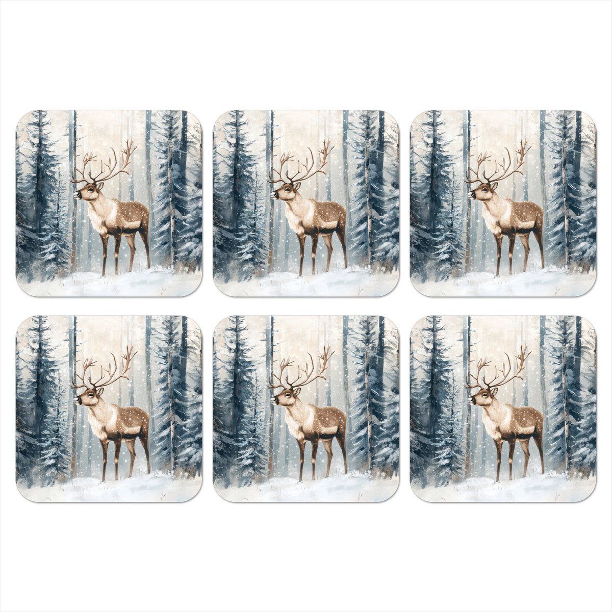 Onderzetters voor glazen - Rendier - Sneeuw - Woud - Wit - 10x10 cm - Glasonderzetters - 6 stuks
