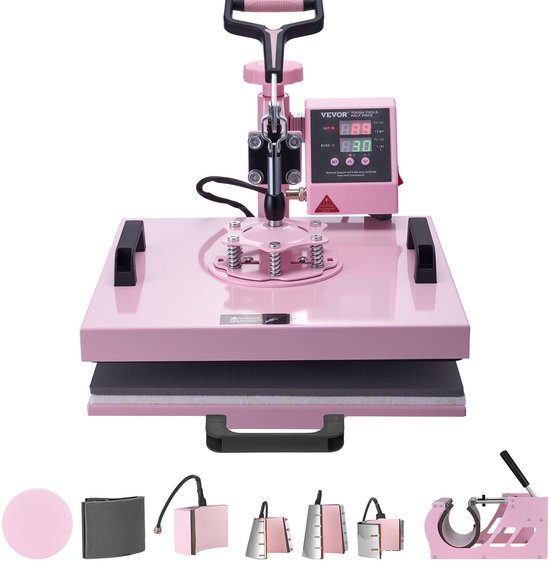 Presse à chaud VEVOR, impression au rouleau, 38x38CM 8 en 1, adaptée aux T-shirts, Taies d'oreiller, Chapeaux, tasses, Assiettes en céramique, rose