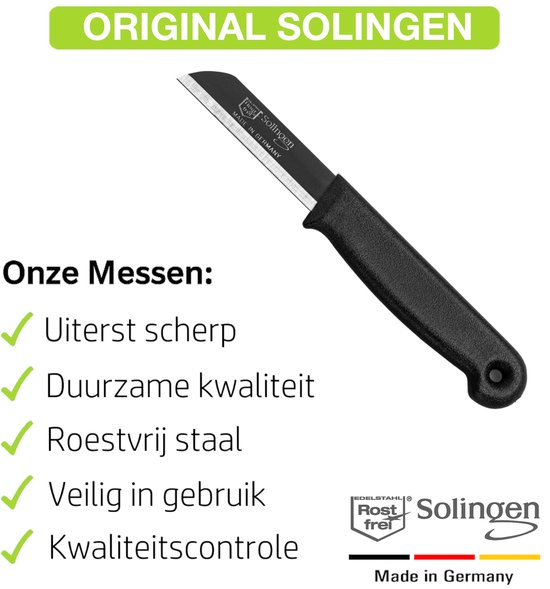 Zwart Solingen schilmesje, gemaakt in Duitsland, met kenmerken.