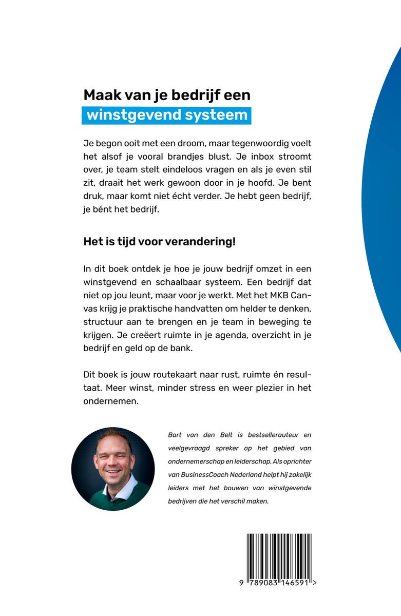 MKB Canvas: Maak van je bedrijf een winstgevend systeem. Foto van Bart van den Belt, auteur en spreker, met een boek en barcode.