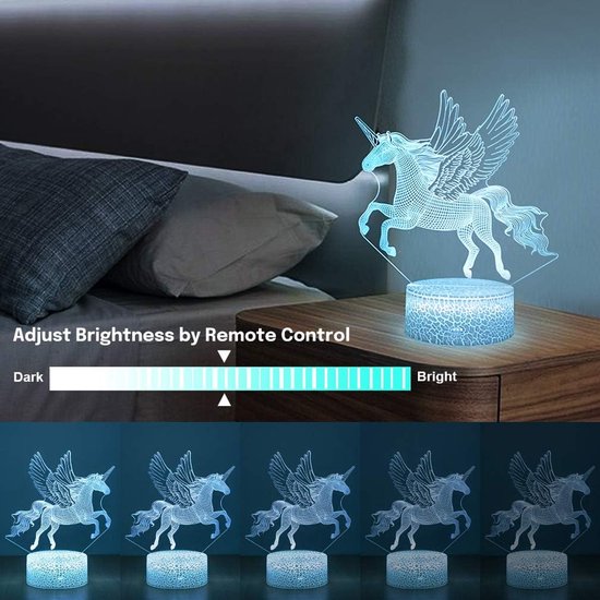 Daity 3D illusie lamp eenhoorn, 3D vliegende eenhoorn nachtlampje, afstandsbediening bureaulamp, visueel licht, 16 soorten veranderlijke kleuren, verjaardagscadeau nachtlampje, geschikt voor meisjes kinderen huisdecoratie van Daity — afbeelding 5