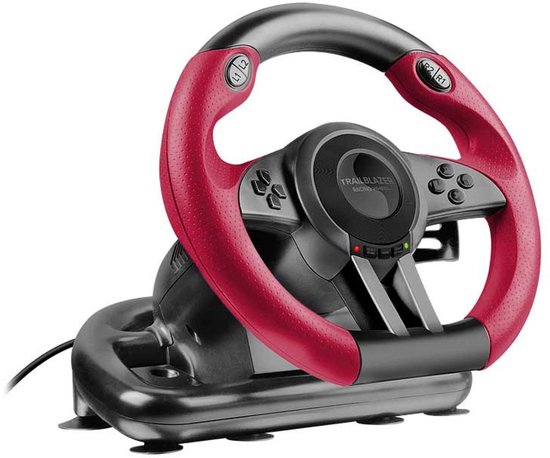 Zwart race stuur met rode grip.