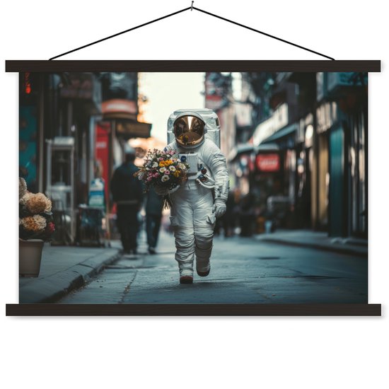 Posterhanger incl. Poster 150x100 cm - Schoolplaat - Boeket - Bloemen - Kleurrijk - Astronaut - Textielposter - Zwarte latten