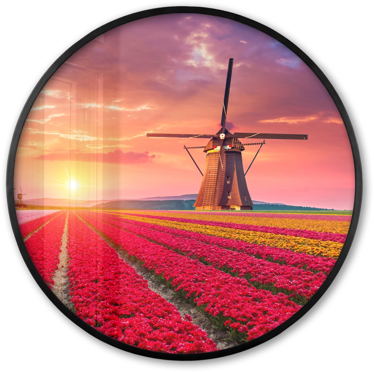 FrameYourWall Poster in lijst Rond - Fotolijst 80x80 cm - Posters - Bloemen - Tulpen - Bloemenveld - Molens - Holland - Ronde posterlijst zwart - Decoratie - Wanddecoratie woonkamer - Muurdecoratie slaapkamer Bloemen - Tulpenveld