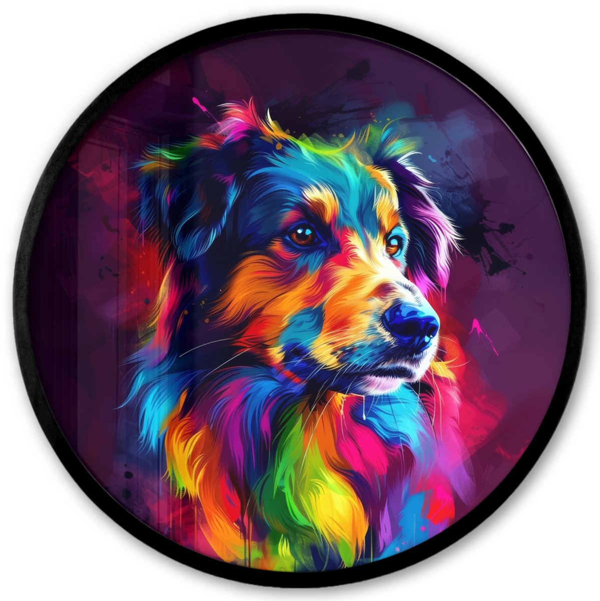FrameYourWall Poster in lijst Rond - Fotolijst 40x40 cm - Posters - Hond - Kleurrijk - Dier - Dierenhoofd - Ronde posterlijst zwart - Decoratie - Wanddecoratie woonkamer - Muurdecoratie slaapkamer