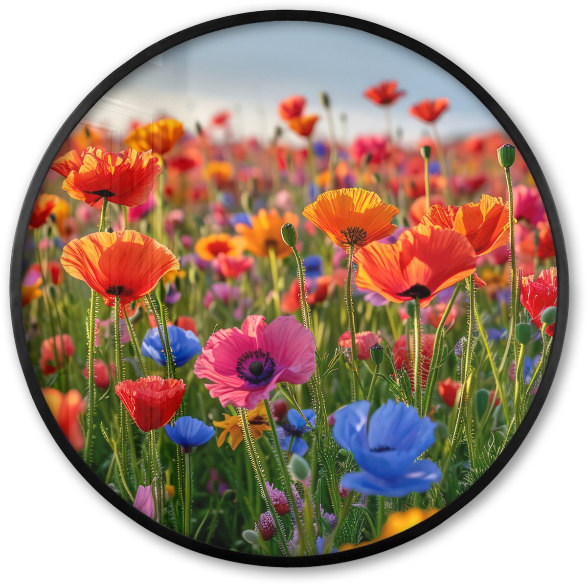FrameYourWall Poster in lijst Rond - Fotolijst 80x80 cm - Posters - Bloemen - Klaprozen - Kleurrijk - Natuur - Ronde posterlijst zwart - Decoratie - Wanddecoratie woonkamer - Muurdecoratie slaapkamer