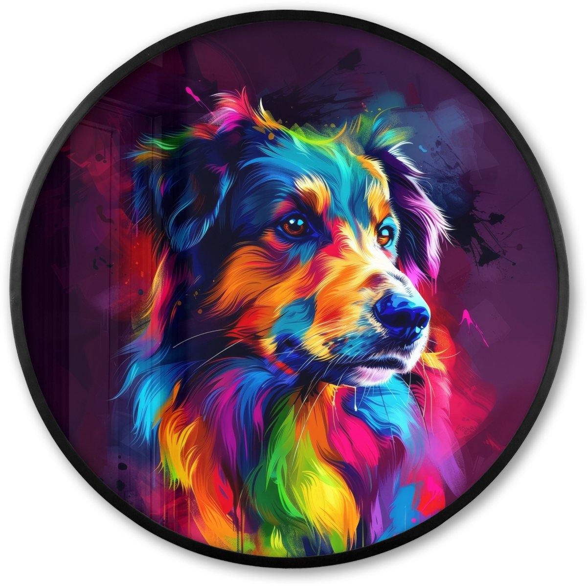FrameYourWall Poster in lijst Rond - Fotolijst 80x80 cm - Posters - Hond - Kleurrijk - Dier - Dierenhoofd - Ronde posterlijst zwart - Decoratie - Wanddecoratie woonkamer - Muurdecoratie slaapkamer