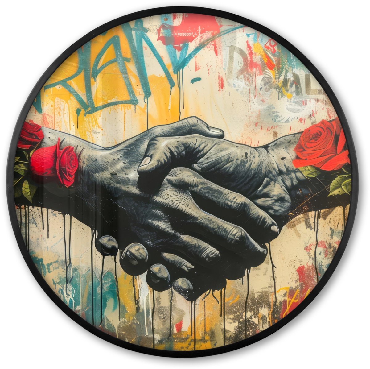 FrameYourWall Poster in lijst Rond - Fotolijst 80x80 cm - Posters - Graffiti - Rozen - Handen - Street art - Ronde posterlijst zwart - Decoratie - Wanddecoratie woonkamer - Muurdecoratie slaapkamer