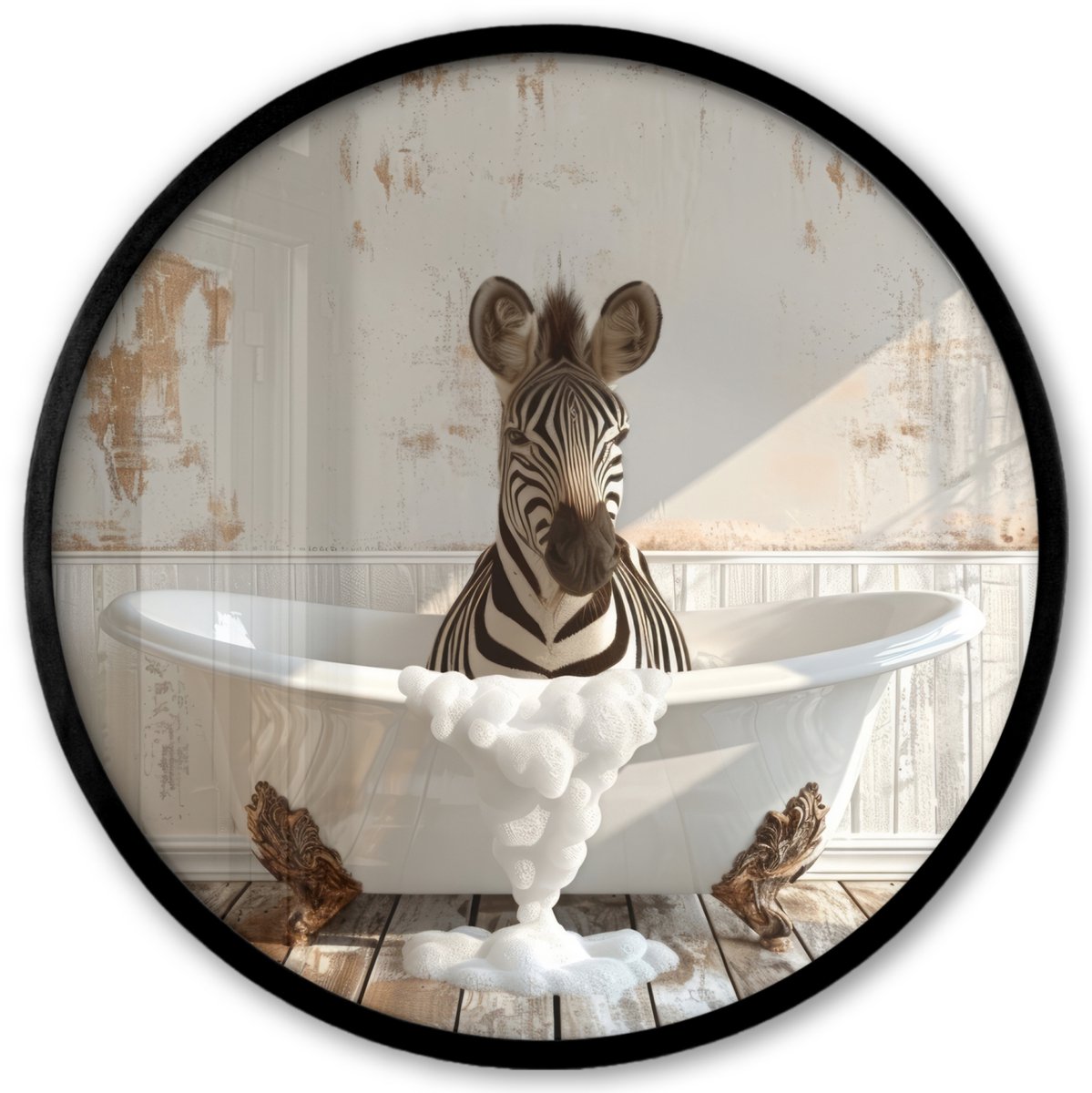 FrameYourWall Poster in lijst Rond - Fotolijst 40x40 cm - Posters - Vintage - Zebra - Wilde dieren - Badkuip - Ronde posterlijst zwart - Decoratie - Wanddecoratie woonkamer - Muurdecoratie slaapkamer Zebra - Badkuip
