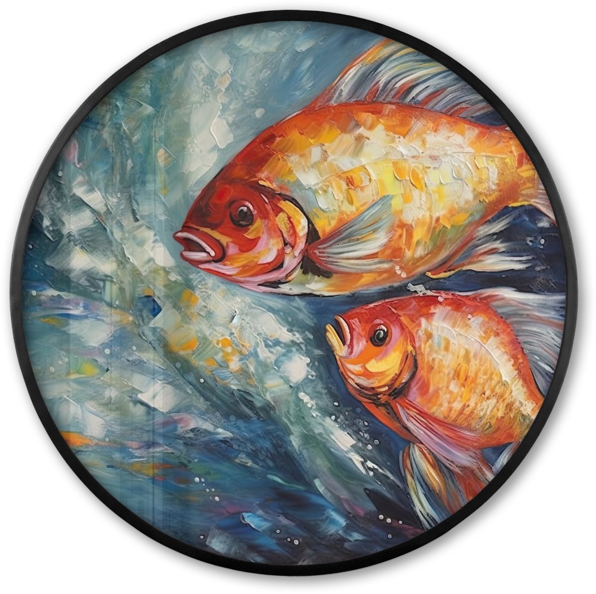 FrameYourWall Poster in lijst Rond - Fotolijst 80x80 cm - Posters - Vissen - Water - Dieren - Kunst - Olieverf - Ronde posterlijst zwart - Decoratie - Wanddecoratie woonkamer - Muurdecoratie slaapkamer Olieverf - Vissen
