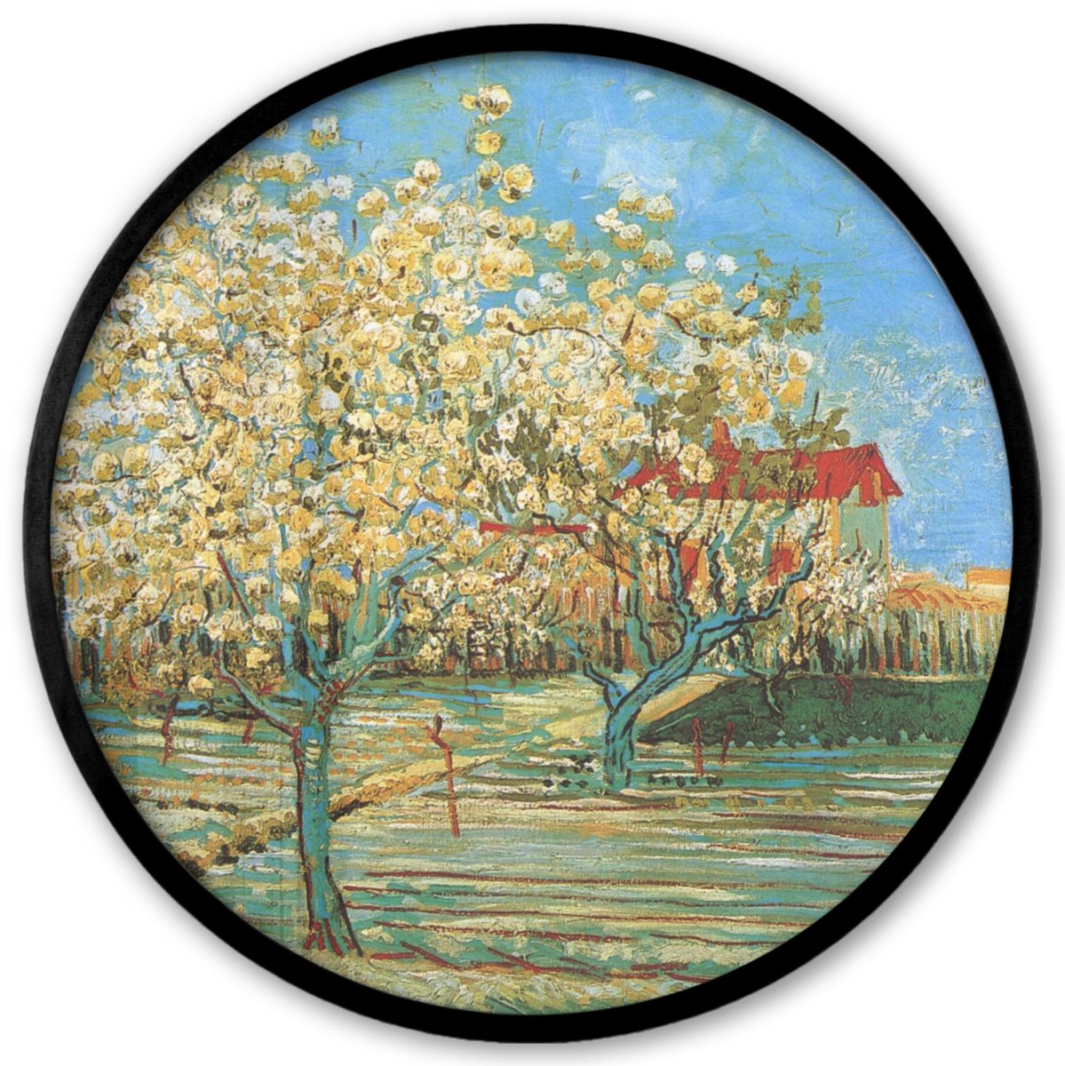 FrameYourWall Poster in lijst Rond - Fotolijst 40x40 cm - Posters - Boomgaard in bloei - Vincent van Gogh - Ronde posterlijst zwart - Decoratie - Wanddecoratie woonkamer - Muurdecoratie slaapkamer Multicolor