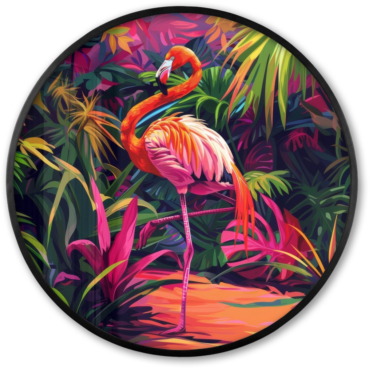 FrameYourWall Poster in lijst Rond - Fotolijst 80x80 cm - Posters - Flamingo - Tropisch - Dier - Bladeren - Ronde posterlijst zwart - Decoratie - Wanddecoratie woonkamer - Muurdecoratie slaapkamer