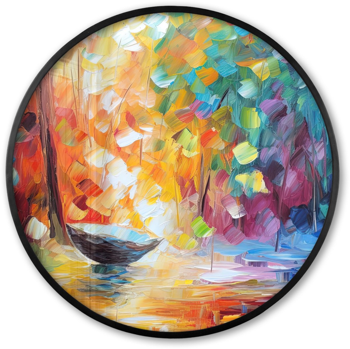 FrameYourWall Poster in lijst Rond - Fotolijst 80x80 cm - Posters - Kleurrijk - Olieverf - Water - Boot - Ronde posterlijst zwart - Decoratie - Wanddecoratie woonkamer - Muurdecoratie slaapkamer Multicolor