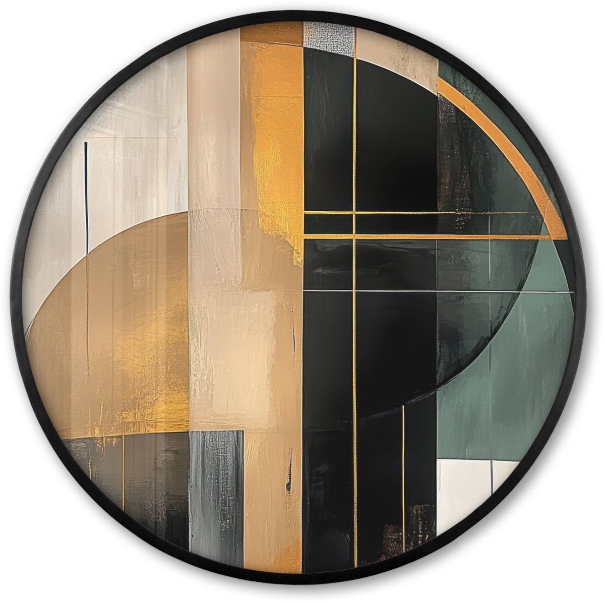 FrameYourWall Poster in lijst Rond - Fotolijst 80x80 cm - Posters - Abstract - Goud - Brons - Groen - Vormen - Modern - Ronde posterlijst zwart - Decoratie - Wanddecoratie woonkamer - Muurdecoratie slaapkamer Abstracte vormen