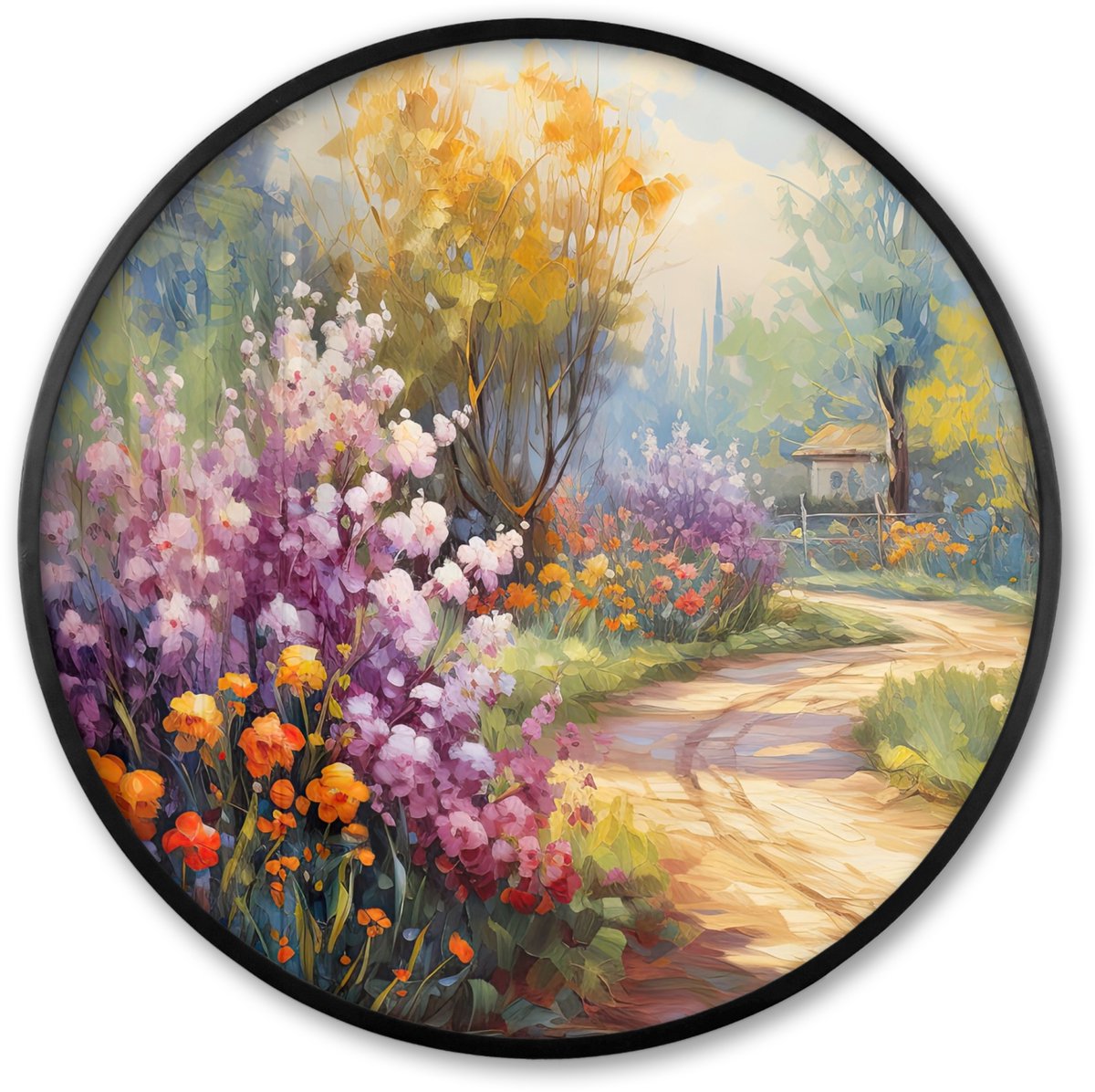 FrameYourWall Poster in lijst Rond - Fotolijst 80x80 cm - Posters - Bloemen - Bomen - Kunst - Watercolor - Ronde posterlijst zwart - Decoratie - Wanddecoratie woonkamer - Muurdecoratie slaapkamer Bloemen - Bos - Kunst