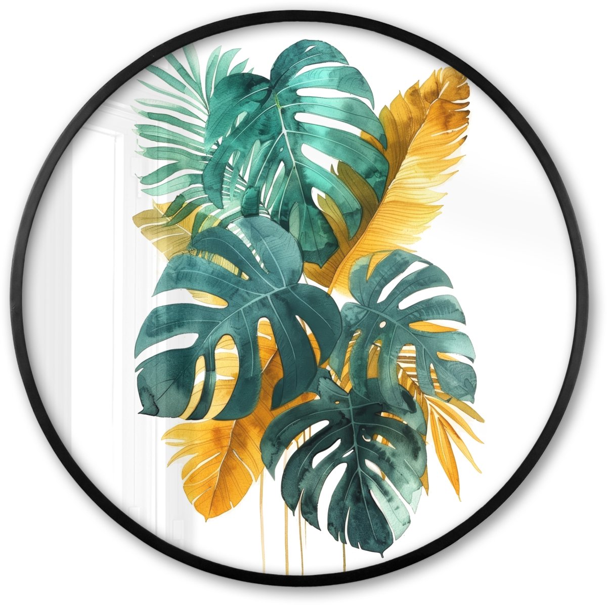 FrameYourWall Poster in lijst Rond - Fotolijst 60x60 cm - Posters - Bladeren - Tropisch - Goud - Groen - Modern - Ronde posterlijst zwart - Decoratie - Wanddecoratie woonkamer - Muurdecoratie slaapkamer Natuur