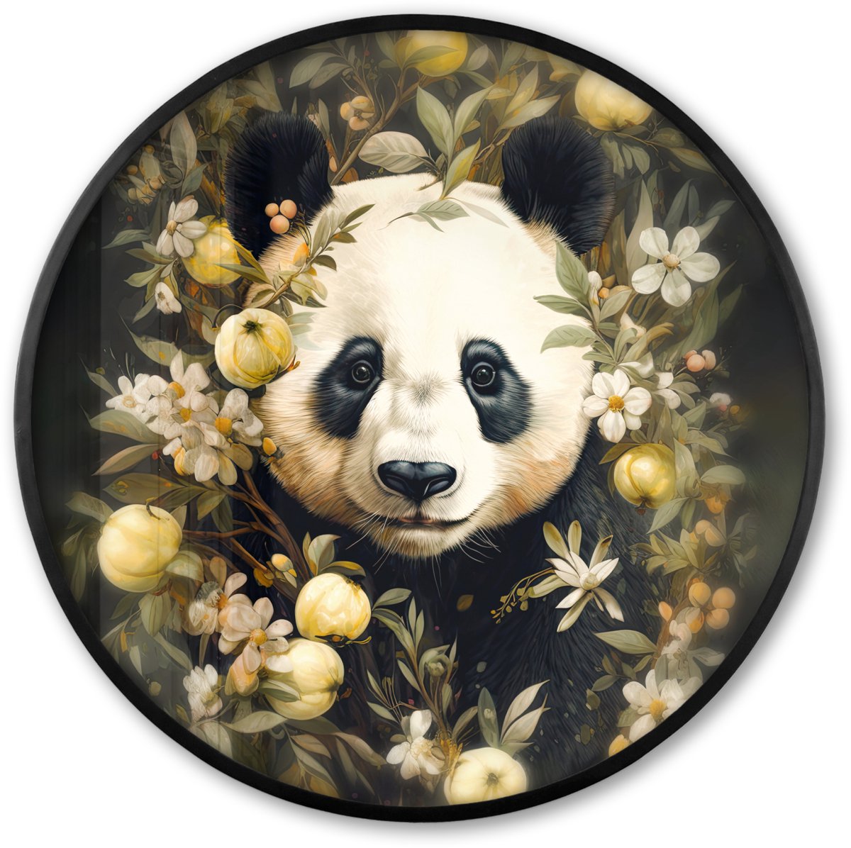 FrameYourWall Poster in lijst Rond - Fotolijst 60x60 cm - Posters - Panda - Pandabeer - Wilde dieren - Natuur - Bloemen - Ronde posterlijst zwart - Decoratie - Wanddecoratie woonkamer - Muurdecoratie slaapkamer Panda - Dieren