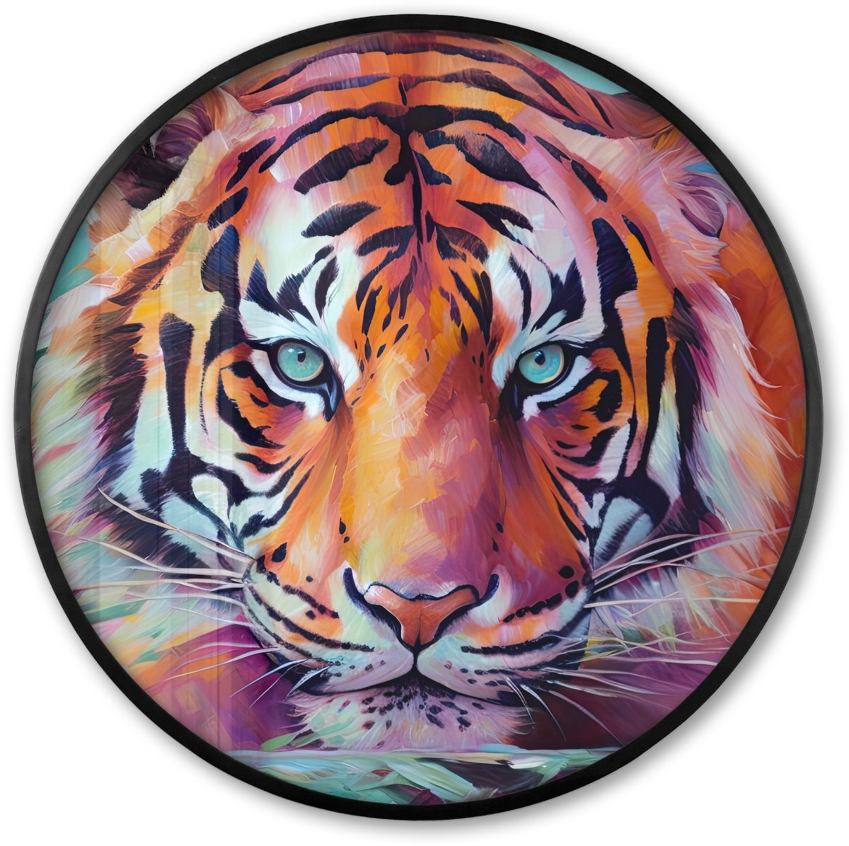 FrameYourWall Poster in lijst Rond - Fotolijst 80x80 cm - Posters - Tijger - Olieverf - Dieren - Kunst - Ronde posterlijst zwart - Decoratie - Wanddecoratie woonkamer - Muurdecoratie slaapkamer Olieverf - Tijger Roze