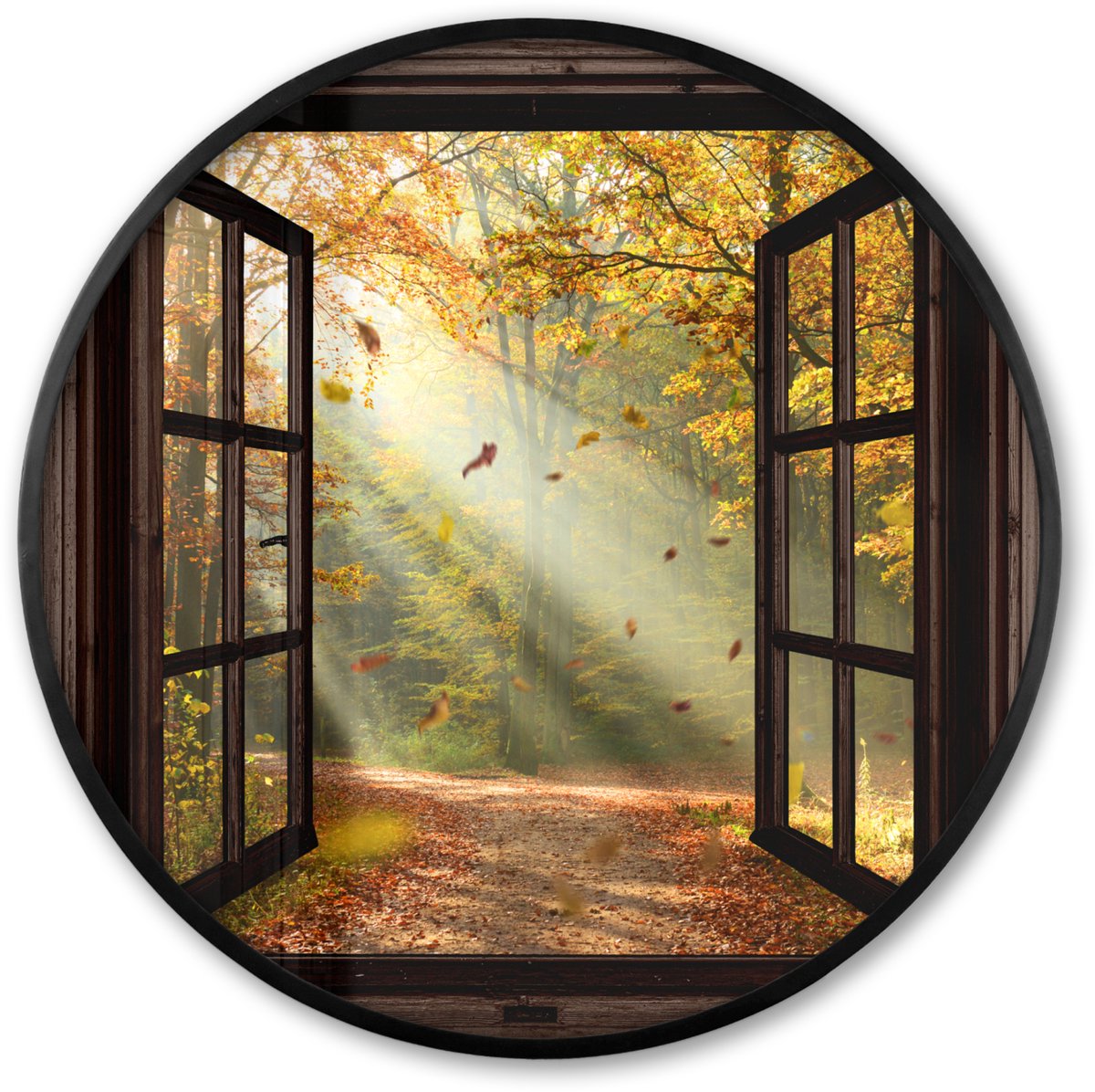 FrameYourWall Poster in lijst Rond - Fotolijst 80x80 cm - Posters - Bos - Bomen - Herfst - Zon - Herfstbladeren - Natuur - Doorkijk - Ronde posterlijst zwart - Decoratie - Wanddecoratie woonkamer - Muurdecoratie slaapkamer Bruin