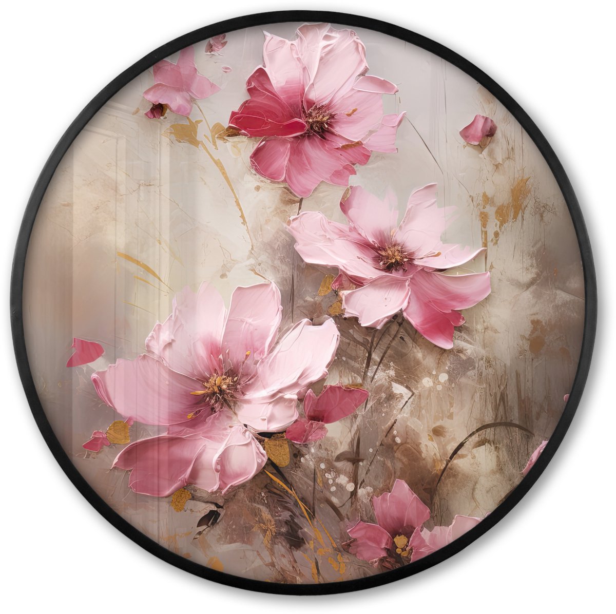 FrameYourWall Poster in lijst Rond - Fotolijst 80x80 cm - Posters - Bloemen - Roze - Kunst - Watercolor - Ronde posterlijst zwart - Decoratie - Wanddecoratie woonkamer - Muurdecoratie slaapkamer Bloemen - Licht