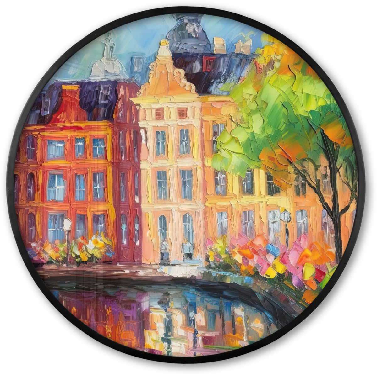 FrameYourWall Poster in lijst Rond - Fotolijst 60x60 cm - Posters - Olieverf - Amsterdam - Kunst - Kleurrijk - Ronde posterlijst zwart - Decoratie - Wanddecoratie woonkamer - Muurdecoratie slaapkamer Schilderij - Amsterdam