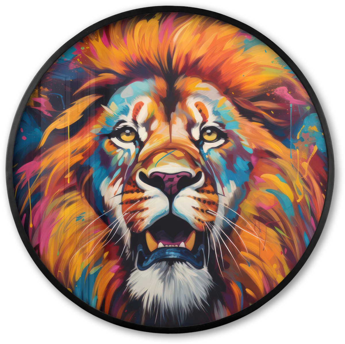 FrameYourWall Poster in lijst Rond - Fotolijst 60x60 cm - Posters - Leeuw - Graffiti - Dieren - Zwart - Ronde posterlijst zwart - Decoratie - Wanddecoratie woonkamer - Muurdecoratie slaapkamer Multi