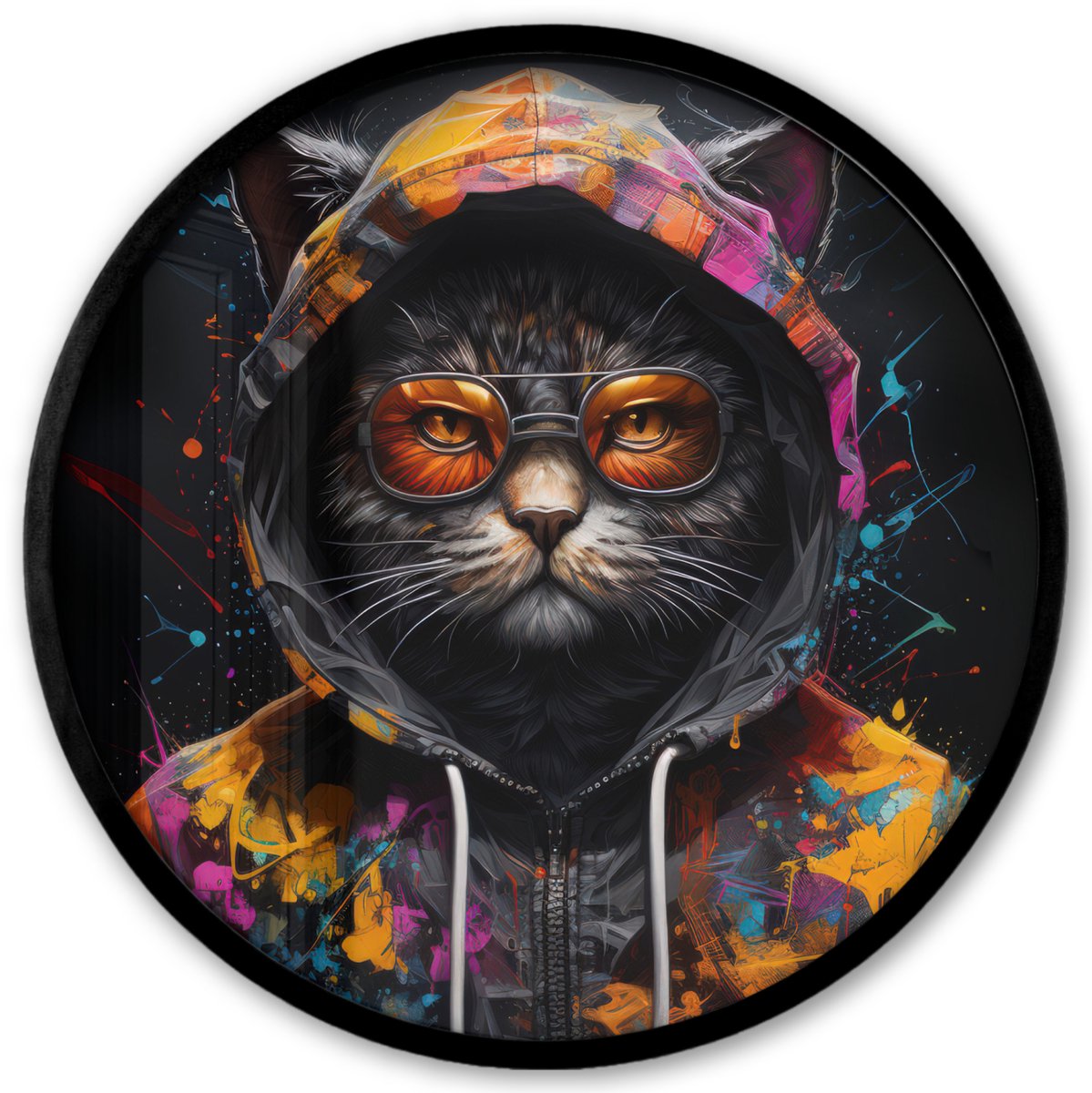 FrameYourWall Poster in lijst Rond - Fotolijst 40x40 cm - Posters - Kat - Jas - Graffiti - Bril - Zwart - Ronde posterlijst zwart - Decoratie - Wanddecoratie woonkamer - Muurdecoratie slaapkamer Graffiti - Kat