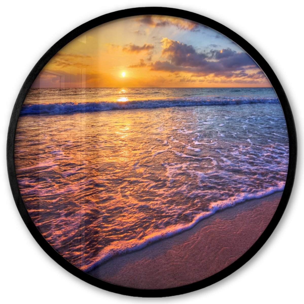 FrameYourWall Poster in lijst Rond - Fotolijst 40x40 cm - Posters - Zee - Strand - Zonsondergang - Wolken - Horizon - Ronde posterlijst zwart - Decoratie - Wanddecoratie woonkamer - Muurdecoratie slaapkamer