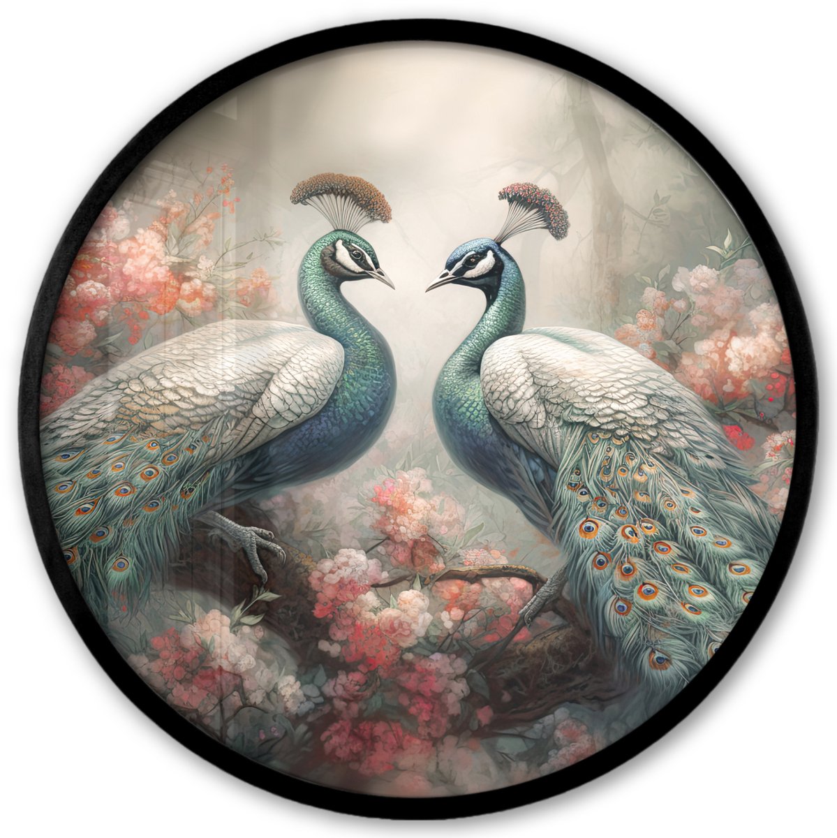 FrameYourWall Poster in lijst Rond - Fotolijst 40x40 cm - Posters - Pauwen - Pauwenveren - Vogels - Bloemen - Natuur - Ronde posterlijst zwart - Decoratie - Wanddecoratie woonkamer - Muurdecoratie slaapkamer Vogels - Pauw