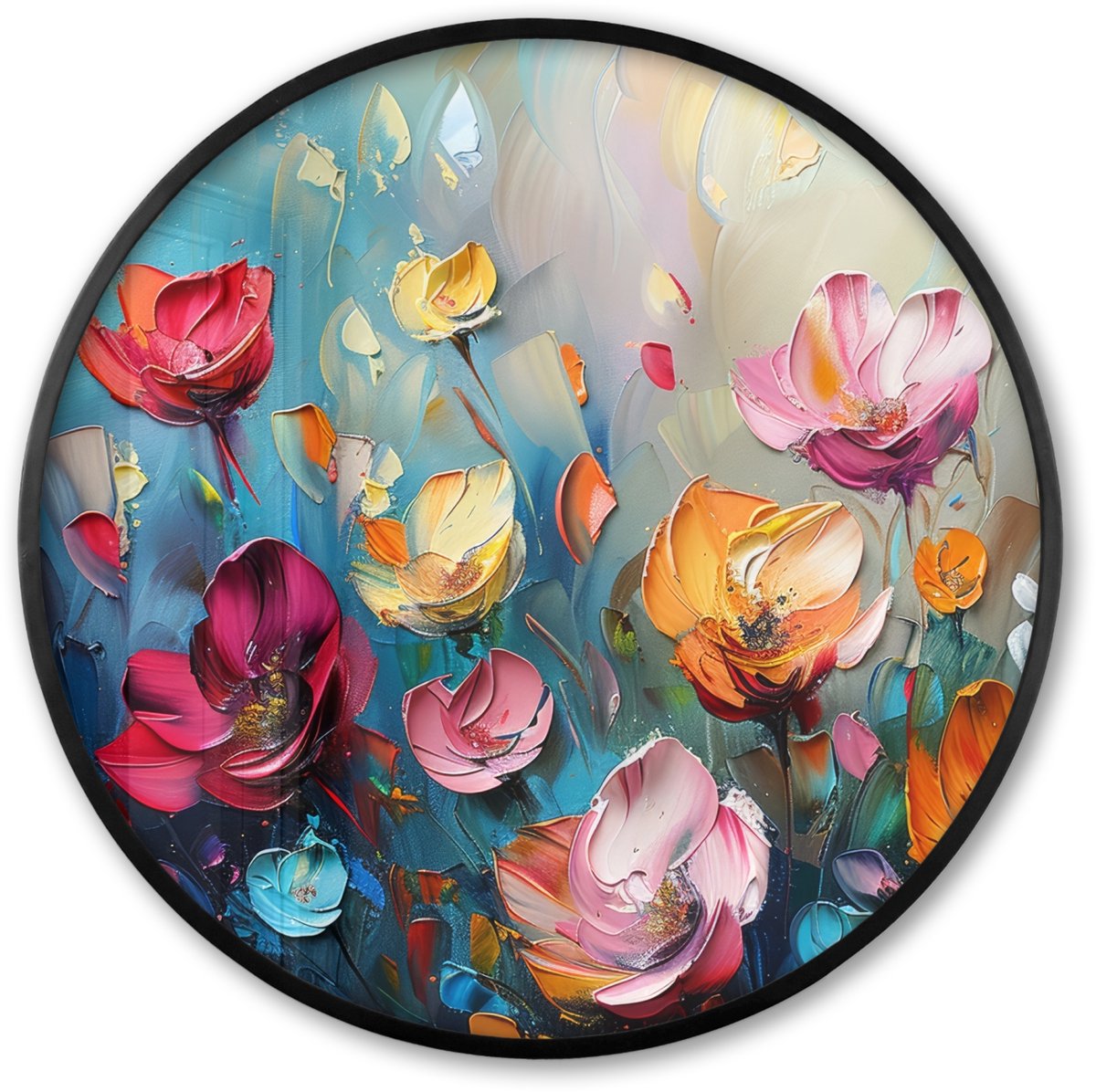 FrameYourWall Poster in lijst Rond - Fotolijst 80x80 cm - Posters - Bloemen - Kleurrijk - Abstract - Verf - Natuur - Ronde posterlijst zwart - Decoratie - Wanddecoratie woonkamer - Muurdecoratie slaapkamer