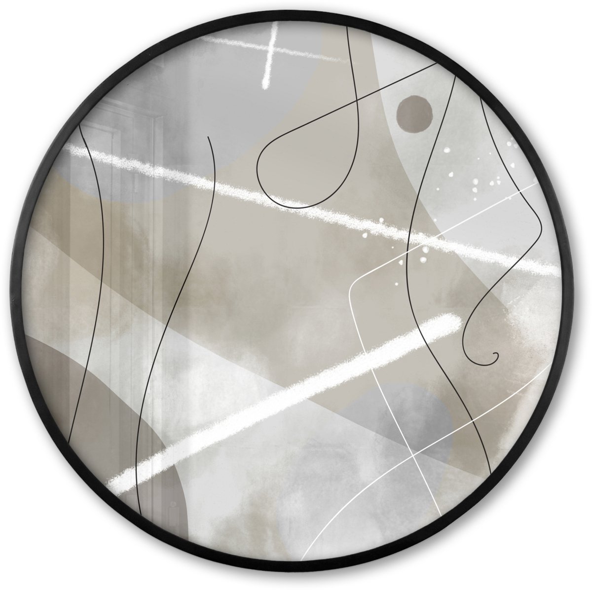 FrameYourWall Poster in lijst Rond - Fotolijst 80x80 cm - Posters - Line art - Grijs - Abstract - Ronde posterlijst zwart - Decoratie - Wanddecoratie woonkamer - Muurdecoratie slaapkamer Abstract - Grijs