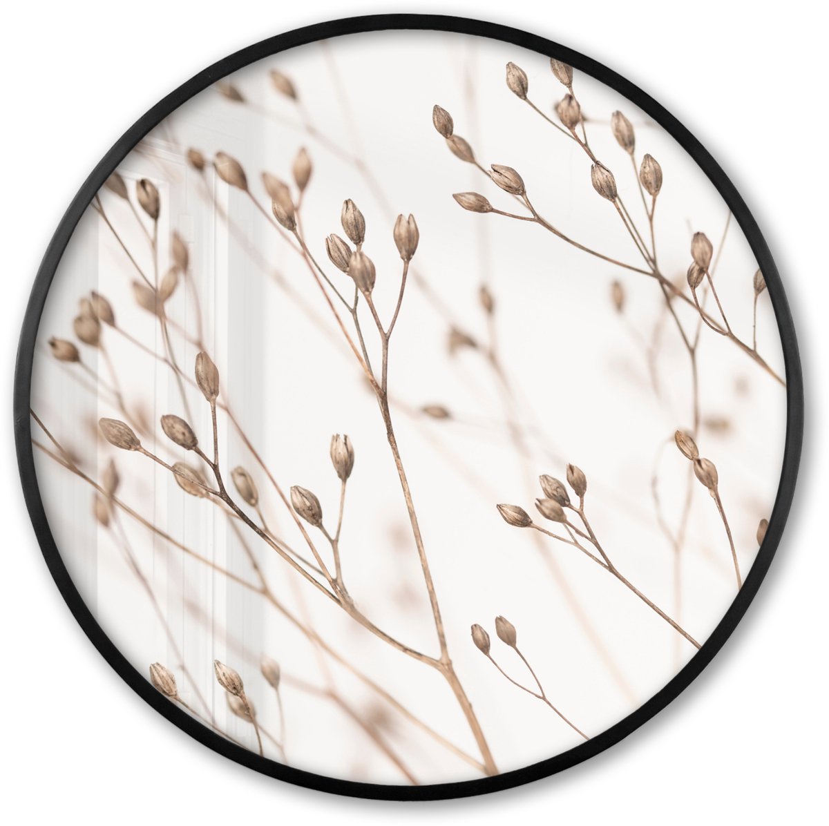 FrameYourWall Poster in lijst Rond - Fotolijst 60x60 cm - Posters - Natuur - Planten - Tak - Wit - Bruin - Droogbloemen - Ronde posterlijst zwart - Decoratie - Wanddecoratie woonkamer - Muurdecoratie slaapkamer Multicolor