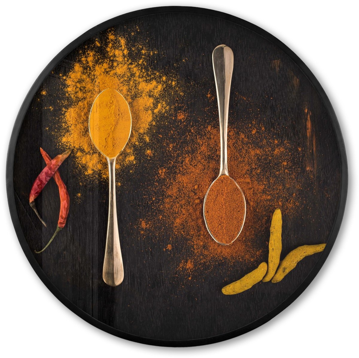 FrameYourWall Poster in lijst Rond - Fotolijst 60x60 cm - Posters - Stilleven - Lepels - Eten - Kruiden - Zwart - Ronde posterlijst zwart - Decoratie - Wanddecoratie woonkamer - Muurdecoratie slaapkamer Multicolor