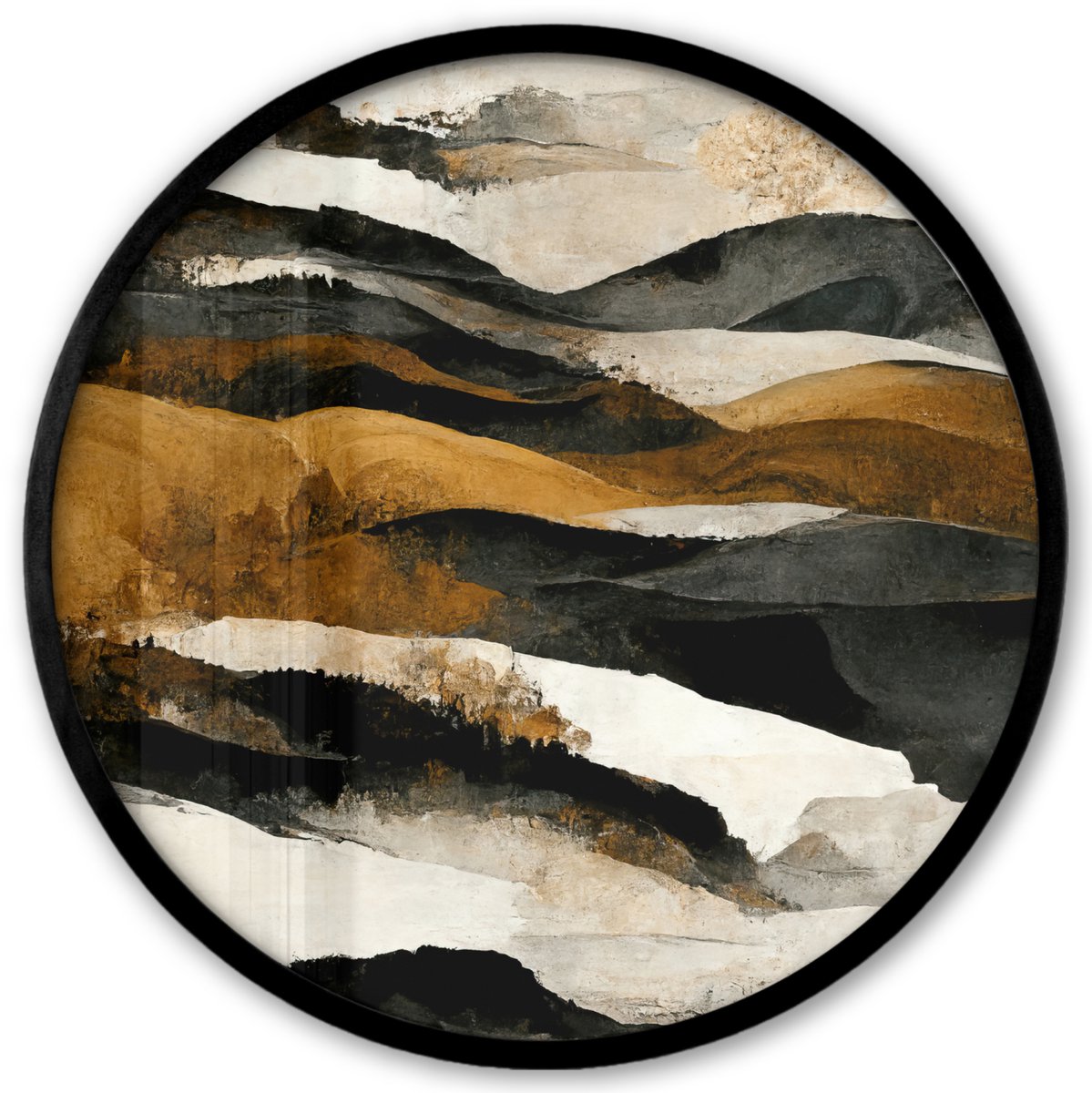 FrameYourWall Poster in lijst Rond - Fotolijst 40x40 cm - Posters - Kunst - Landschap - Bergen - Zwart - Wit - Beige - Ronde posterlijst zwart - Decoratie - Wanddecoratie woonkamer - Muurdecoratie slaapkamer Abstract - Bergen