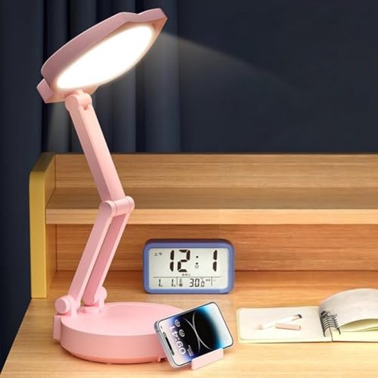 Bureaulamp voor kinderen, studielamp met sterrenhemelprojectie, led-bedlampje tafellamp met penhouder, USB-oplaadbaar, zwanenhals, tafellamp, dimbaar, helderheidsniveaus (roze