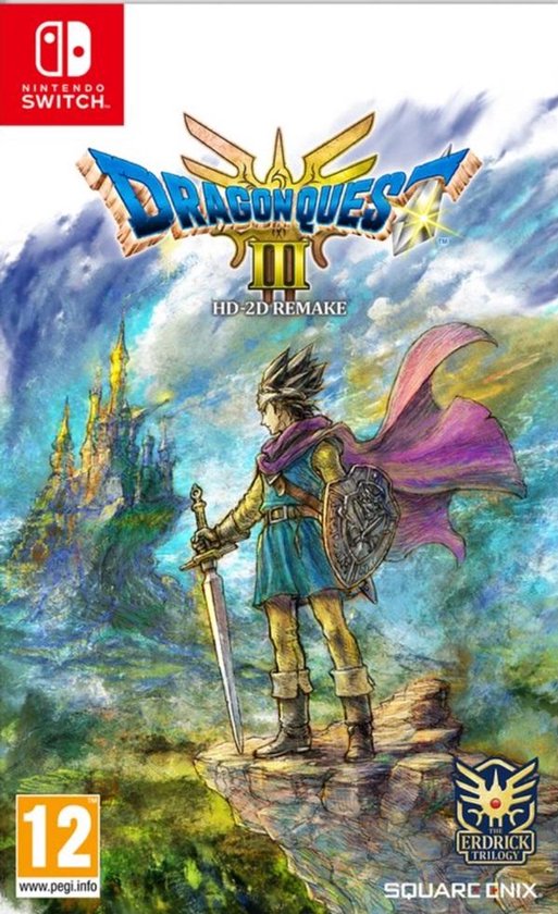 De doos van Dragon Quest III HD - 2D Remake voor Nintendo Switch. Een held met zwaard staat op een klif.