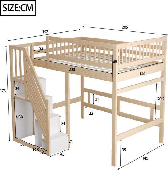 Lit superposé 140x200 cm - avec escalier avec placard de rangement - barrière haute - lit enfant - couleur bois - sans matelas