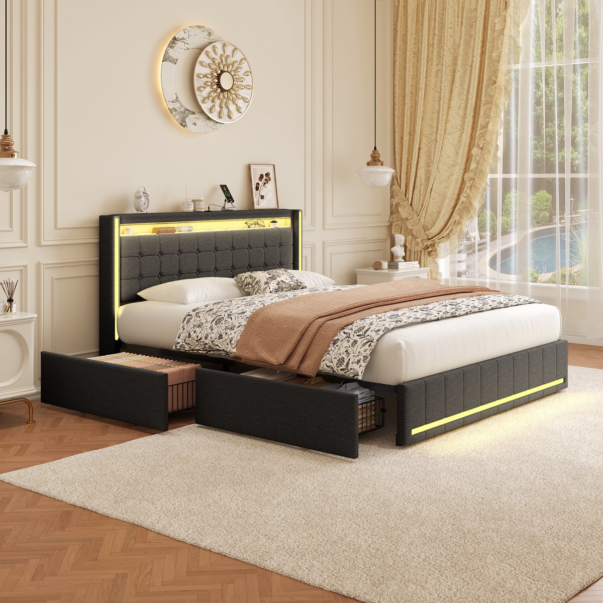 ROSAHQNDA Modern opbergbed 140x200cm Gestoffeerd bed met 4 lades en lattenbodem, LED-verlichting en USB-oplaadfunctie, tweepersoonsbed met opbergruimte, jeugdbed, grijze linnen stof, zonder matras (gesplitst voor 2 pakketten voor verzending) grijs