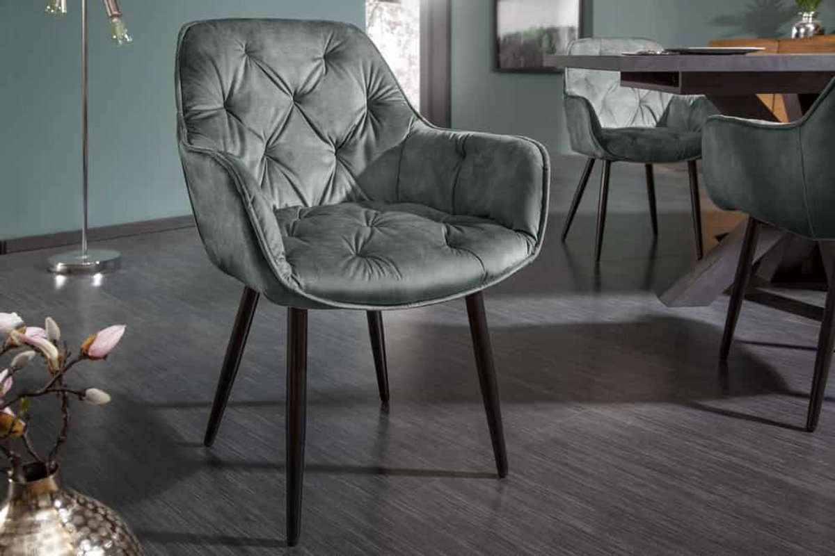 Invicta Interior Design stoel MILANO groen fluweel met Chesterfield quilting - 41180 Zie omschrijving