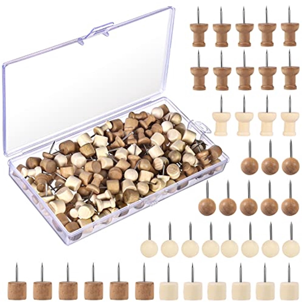 150 stuks houten punaises voor prikborden en kurkborden - geschikt voor kantoor, school en thuis (6 stijlen)