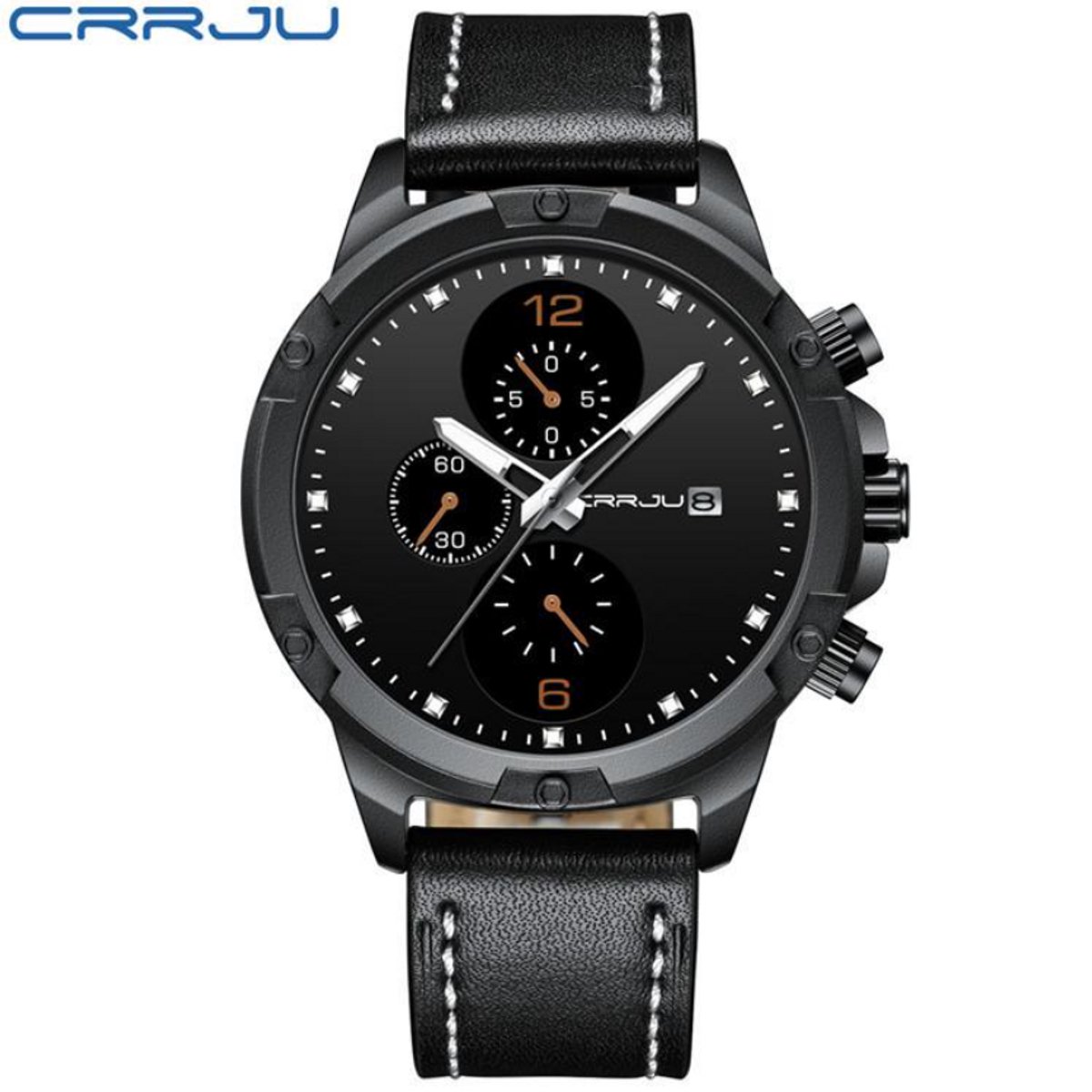 CRRJU Horloge 2142 - Zwart Oranje - Heren - Quartz - 40 mm - Ronde Kast - Leren Band - Chronograaf - Waterbestendig - Sportief - Stoer - Casual