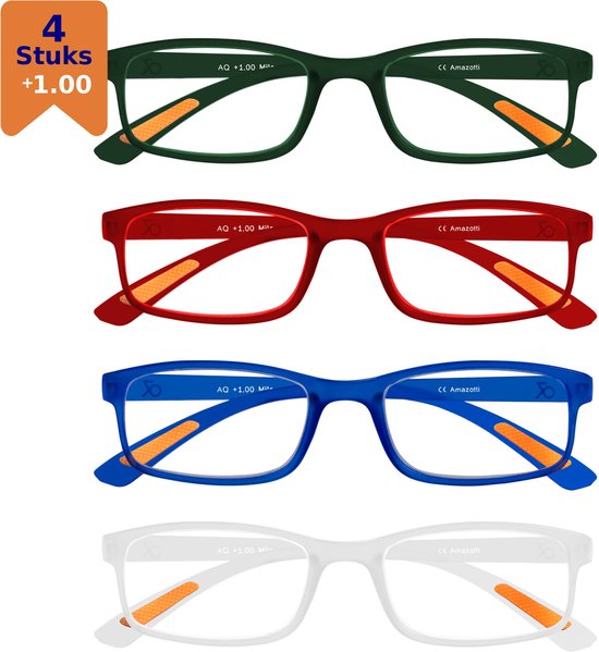 Amazotti Milano Leesbrillen +1.00 – Leesbril met sterkte – Dames en Heren – Kunststof – Groen, Rood, Blauw, Transparant – Set van 4