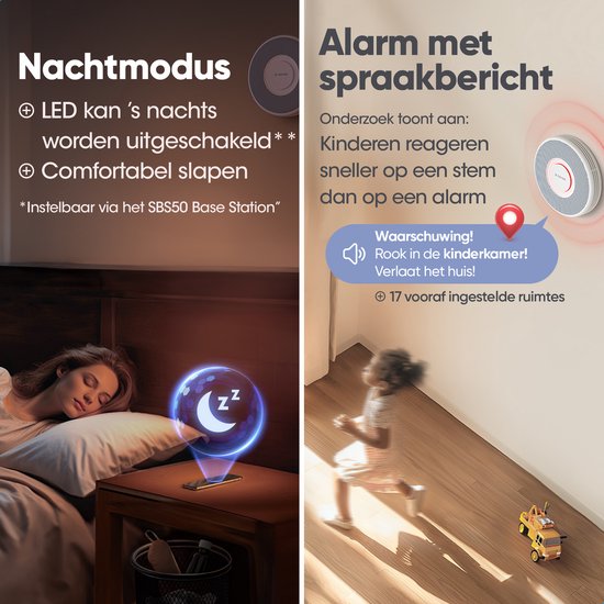Een vrouw slaapt in een slaapkamer met een nachtmodus-icoon. Een kind rent door een gang, weg van een rookmelder die een gesproken waarschuwing geeft.
