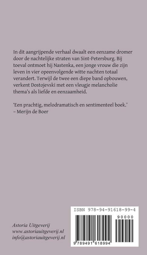 Boekcover met tekst over 'Witte nachten' van Fjodor Dostojevski. Rechts een ISBN-streepjescode.